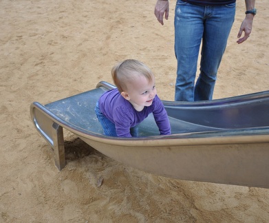 Greta discovered how to make herself go down the slide